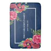 Waterverf Rood en Roze Bloemen Donkerblauw Badmat (Voorkant Verticaal)