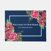 Waterverf Rood en Roze Bloemen Donkerblauw Deurmat (Voorkant)