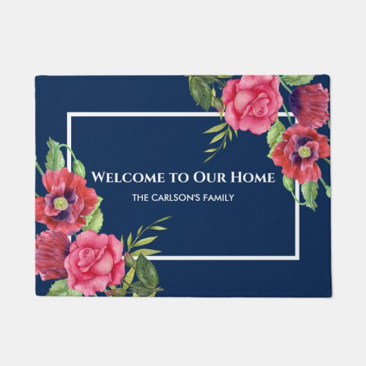 Waterverf Rood en Roze Bloemen Donkerblauw Deurmat (Voorkant)