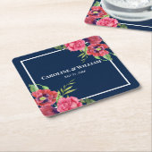 Waterverf Rood en Roze Bloemen Donkerblauw Kartonnen Onderzetters (Schuin)