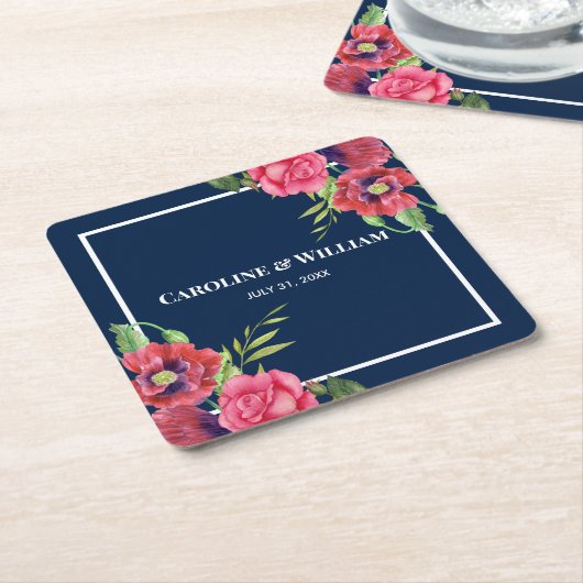 Waterverf Rood en Roze Bloemen Donkerblauw Kartonnen Onderzetters (Schuin)