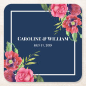 Waterverf Rood en Roze Bloemen Donkerblauw Kartonnen Onderzetters (Voorkant)
