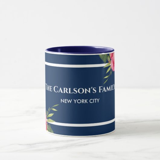 Waterverf Rood en Roze Bloemen Donkerblauw Mok (Midden)