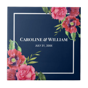 Waterverf Rood en Roze Bloemen Donkerblauw Tegeltje