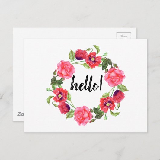 Waterverf Rood en roze bloemen Grote cirkel Briefkaart (Voorkant / Achterkant)