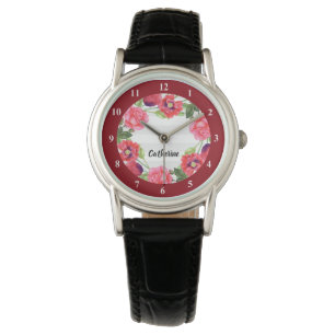 Waterverf Rood en roze bloemen Grote cirkel Horloge