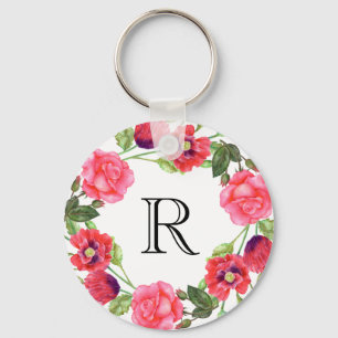 Waterverf Rood en roze bloemen Grote cirkel Sleutelhanger