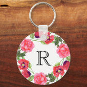 Waterverf Rood en roze bloemen Grote cirkel Sleutelhanger (Voorkant)