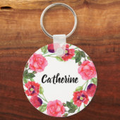 Waterverf Rood en roze bloemen Grote cirkel Sleutelhanger (Voorkant)