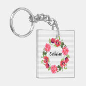 Waterverf Rood en roze bloemen Grote cirkel Sleutelhanger (Voorkant Links)