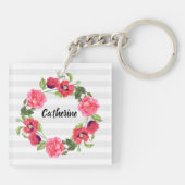 Waterverf Rood en roze bloemen Grote cirkel Sleutelhanger (Achterkant)