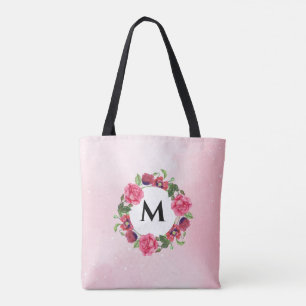 Waterverf Rood en roze bloemen Grote cirkel Tote Bag