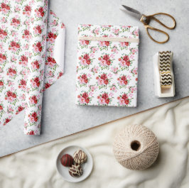 Waterverf Rood en Roze Bloemen Naadloos Patroon Cadeaupapier
