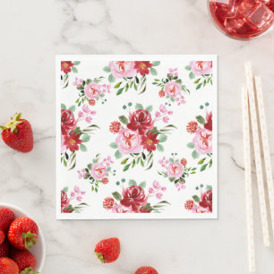 Waterverf Rood en Roze Bloemen Naadloos Patroon Servet