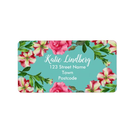 Waterverf Rood en Roze Floral Turquoise Terug Etiket (Voorkant)