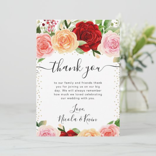 Waterverf Rood en Sinaasappel Rozen Bloemen Bruilo Bedankkaart (Staand voorkant)