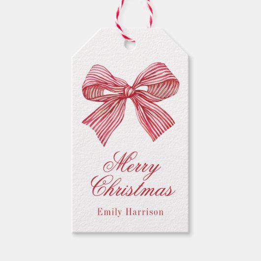 Waterverf Rood en Wit Gestreepte Boog Cadeaulabel (Voorkant)