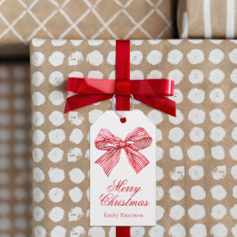 Waterverf Rood en Wit Gestreepte Boog Cadeaulabel