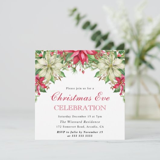 Waterverf Rood en Wit Poinsettia Kerstmis Kaart (Staand voorkant)