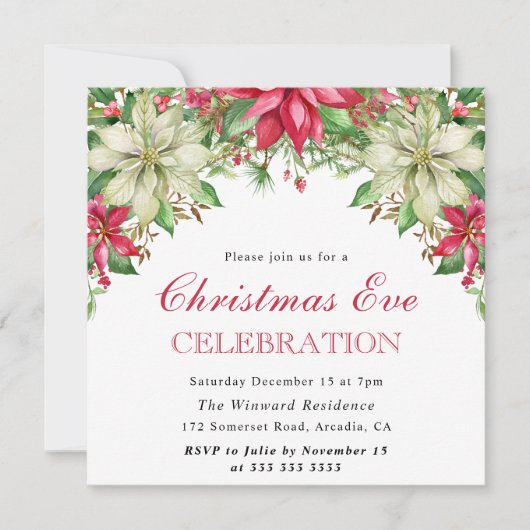 Waterverf Rood en Wit Poinsettia Kerstmis Kaart (Voorkant)