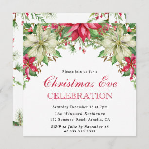 Waterverf Rood en Wit Poinsettia Kerstmis Kaart