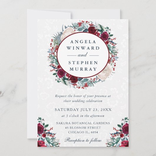 Waterverf rood en wit winterkrans bruiloft kaart (Voorkant)