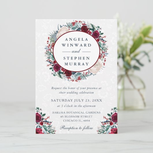 Waterverf rood en wit winterkrans bruiloft kaart (Staand voorkant)