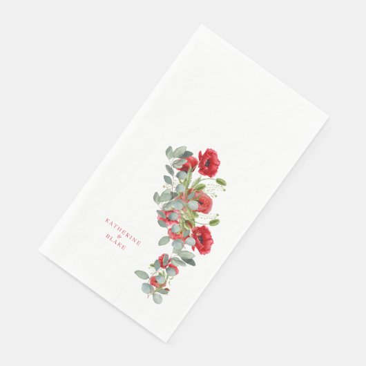 Waterverf Rood Floral en Eucalyptus Names Weddensc Servet (Hoek)