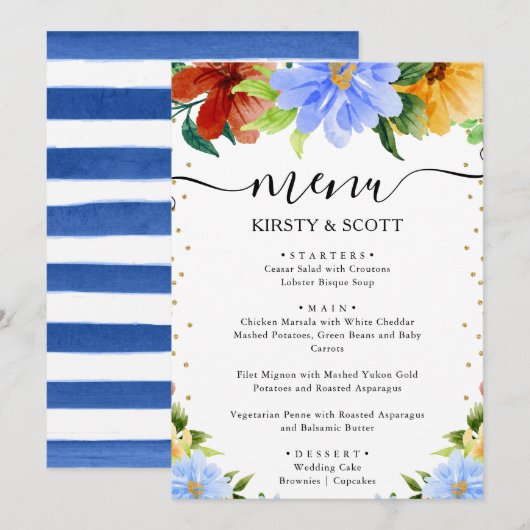 Waterverf Rood, Geel & Blauwe Bloemen Bruiloft Menu (Voorkant / Achterkant)