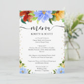 Waterverf Rood, Geel & Blauwe Bloemen Bruiloft Menu (Staand voorkant)