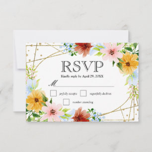 Waterverf Rood Geel Blauwe Bloemen Bruiloft RSVP Kaartje