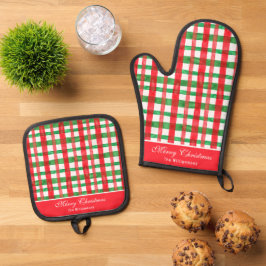 Waterverf Rood & Groen Buffalo geruit op maat gema Ovenwant & Pannenlap Set