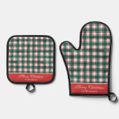 Waterverf Rood & Groen Buffel Plaid Kerstmis Ovenwant & Pannenlap Set (Voorkant)