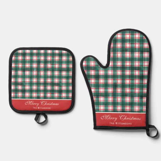 Waterverf Rood & Groen Buffel Plaid Kerstmis Ovenwant & Pannenlap Set (Voorkant)