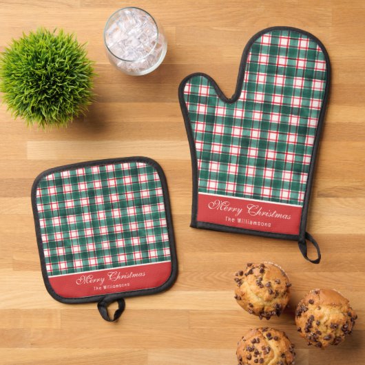 Waterverf Rood & Groen Buffel Plaid Kerstmis Ovenwant & Pannenlap Set (Top down)