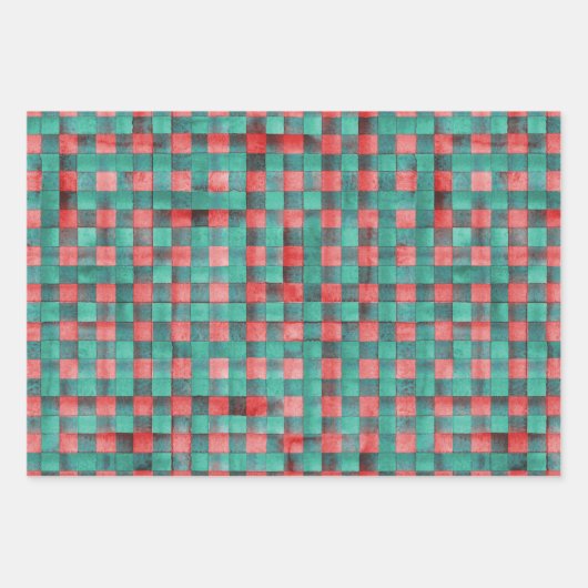 Waterverf rood groen geplakt feestpatroon inpakpapier vel (Voorkant)