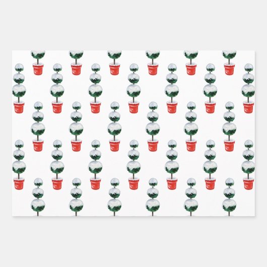 Waterverf Rood & Groen Kerstmis Topiary Inpakpapier Vel (Voorkant 3)