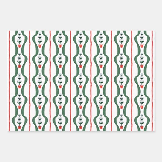 Waterverf Rood & Groen Kerstmis Topiary Inpakpapier Vel (Voorkant 3)