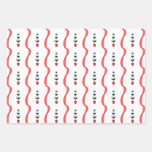 Waterverf Rood & Groen Kerstmis Topiary Inpakpapier Vel (Voorkant 2)