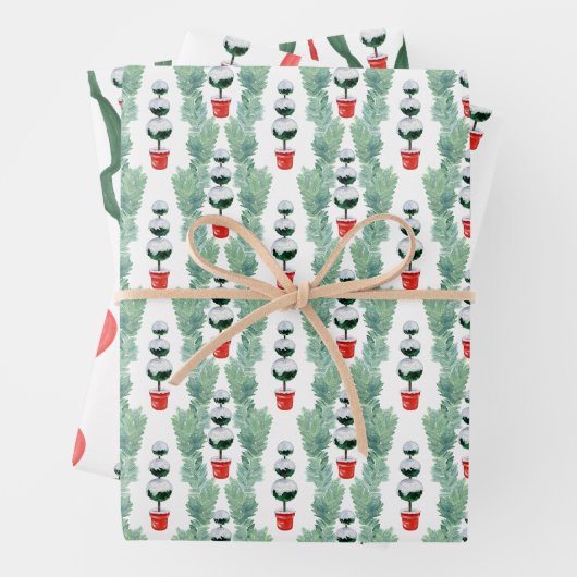 Waterverf Rood & Groen Kerstmis Topiary Inpakpapier Vel (In situ)