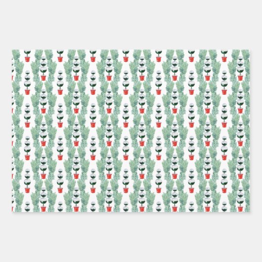 Waterverf Rood & Groen Kerstmis Topiary Inpakpapier Vel (Voorkant)