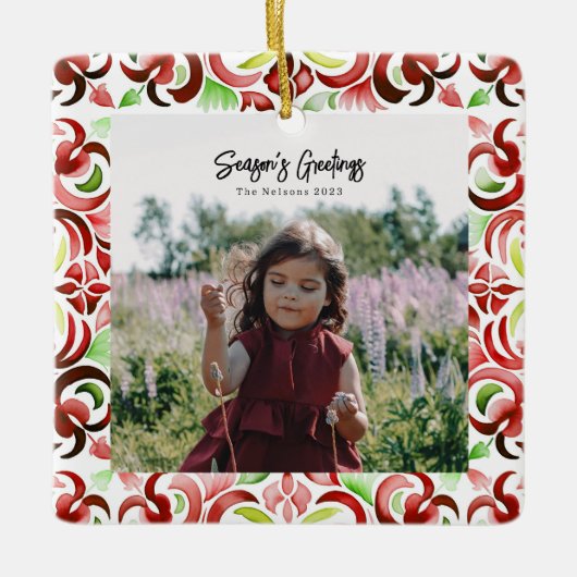 Waterverf Rood & Groen Kerstmisfoto Keramisch Ornament (Voorkant)