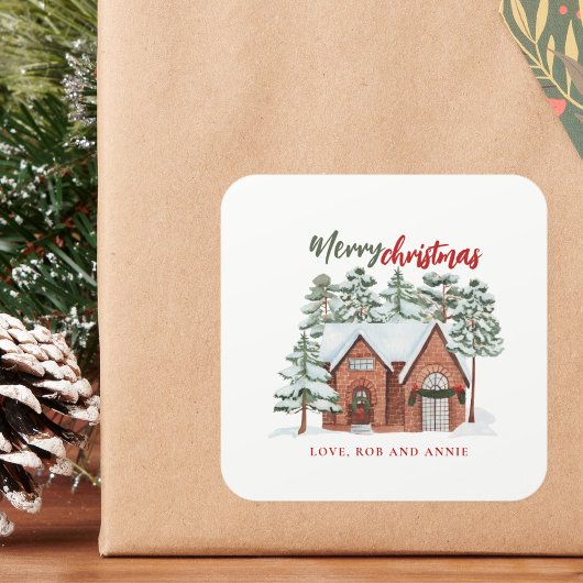 Waterverf Rood Groen Moderne Noordse Kerstboom Vierkante Sticker