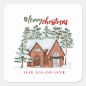 Waterverf Rood Groen Moderne Noordse Kerstboom Vierkante Sticker (Voorkant)