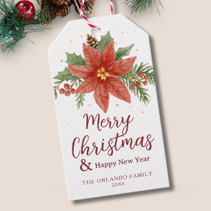 Waterverf rood groen poinsettia vrolijk kerstfeest cadeaulabel