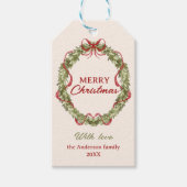 Waterverf rood groene boog krans vrolijk kerstfees cadeaulabel (Voorkant)