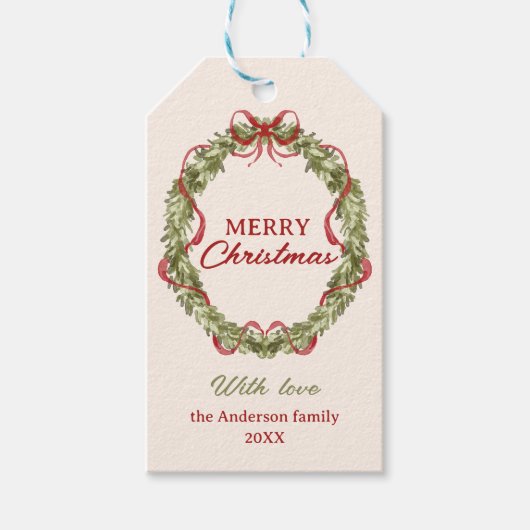 Waterverf rood groene boog krans vrolijk kerstfees cadeaulabel (Voorkant)