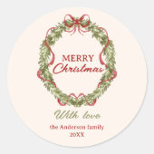 Waterverf rood groene boog krans vrolijk kerstfees ronde sticker (Voorkant)
