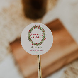 Waterverf rood groene boog krans vrolijk kerstfees ronde sticker