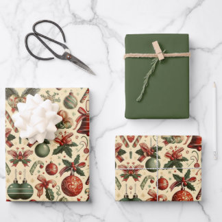 Waterverf Rood Groene Ornamenten Snoep Kerstmis Inpakpapier Vel